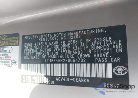 2007 Toyota Camry Le из США, поврежденный, VIN 4T1BE46K27U661702